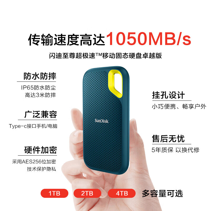 闪迪4TB Nvme移动固态硬盘E61松柏青SSD读速1050MB/s手机直连笔记本外接硬盘 - 86线报