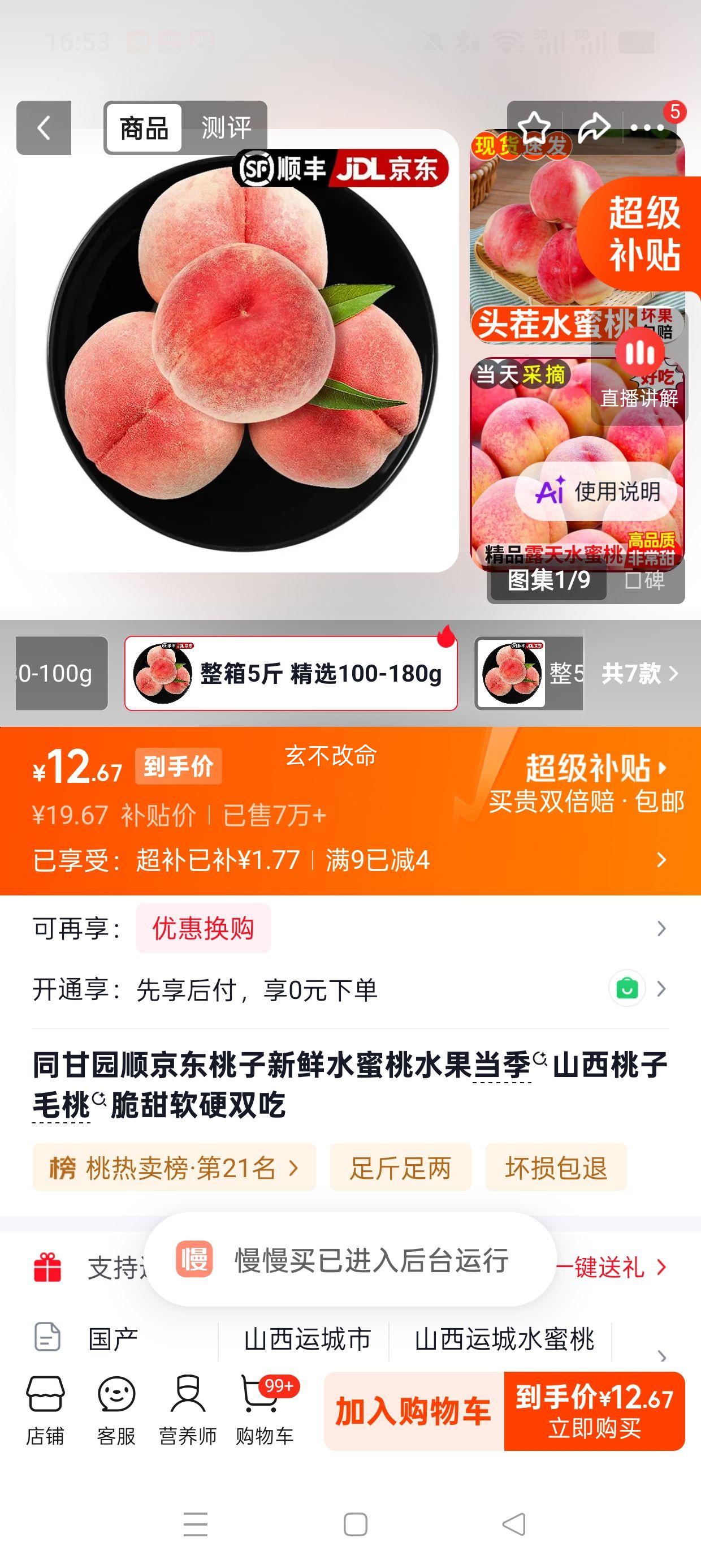 同甘园顺京东水蜜桃整箱5斤精选100-180g 15.67元 - 86线报