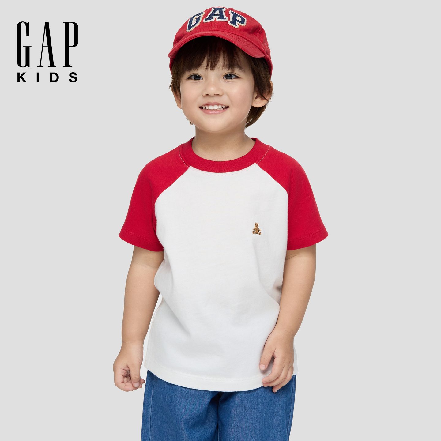 Gap男幼童2026春季新款纯棉小熊插肩袖短袖T恤儿童装美版877786 28.63元 - 线报酷
