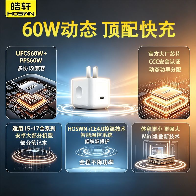 Hoswn 60W氮化镓动态充电器 14.34元 - 线报酷