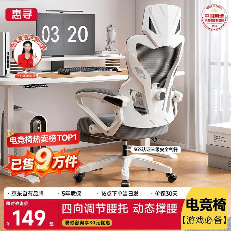惠寻人体工学电竞椅人工力学座椅久坐游戏电脑椅可躺椅可后躺-白灰色 179元 - 86线报