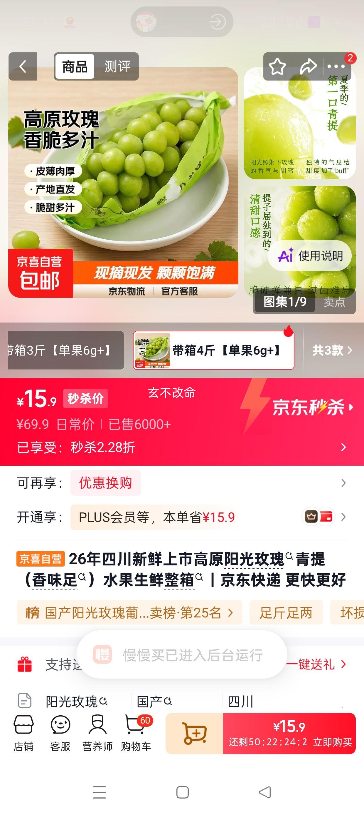 四川高原阳光玫瑰青提整箱4斤单果6g+ 15.9元 - 86线报