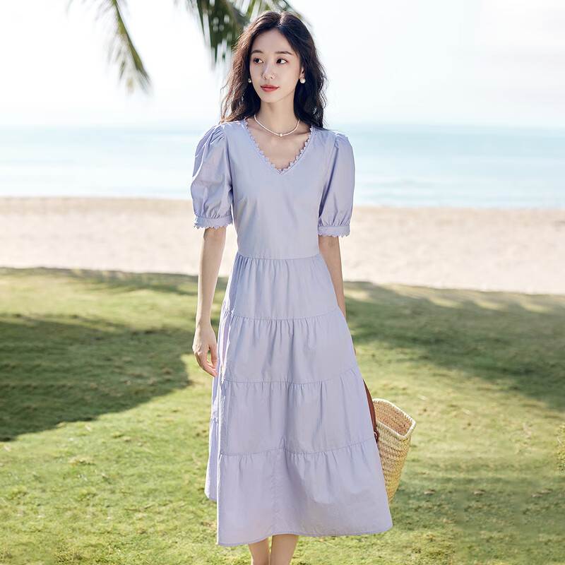 茵曼法式气质连衣裙2024夏季女装纯棉显瘦V领泡泡袖A字长裙子紫荆粉M 103元 - 86线报
