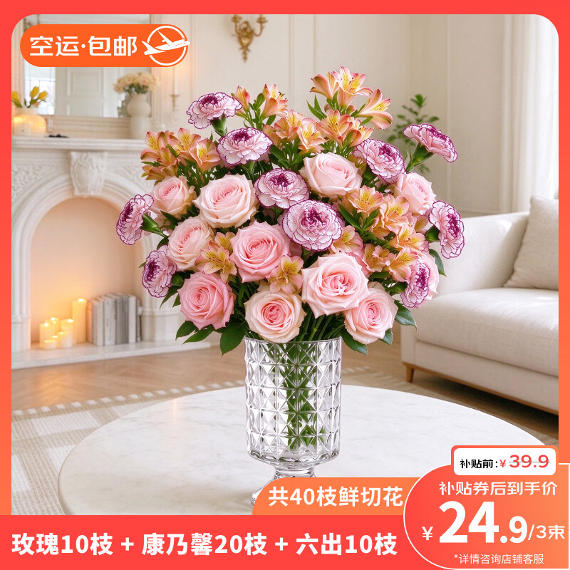 京东鲜花玫瑰康乃馨六初花混合花束40枝4束 24.9元 - 86线报 京东鲜花玫瑰康乃馨六初花混合花束40枝4束 24.9元 - 86线报