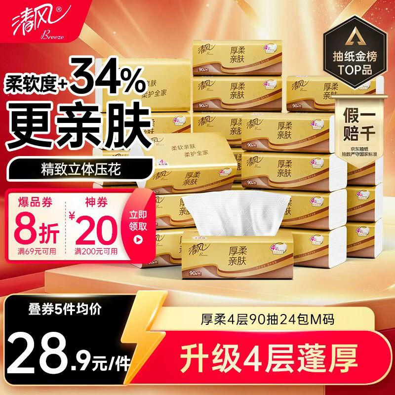 清风抽纸厚柔4层90抽24包M码 19.65元 - 86线报