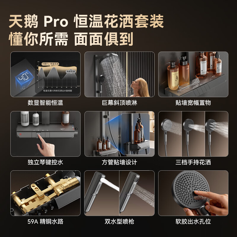 京东京造天鹅Pro恒温淋浴花洒套装琴键大置物数显斜顶喷59A精铜 778.33元 - 线报酷