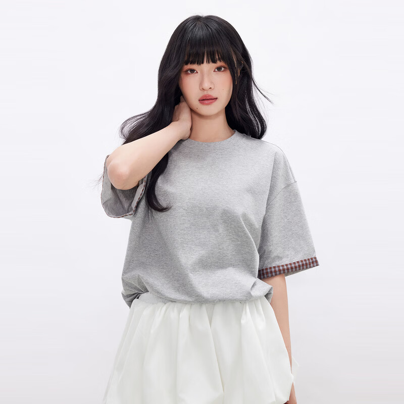 gxgjeans 26夏新品美式格纹袖口拼接宽松圆领短袖T恤灰色 59元 - 86线报