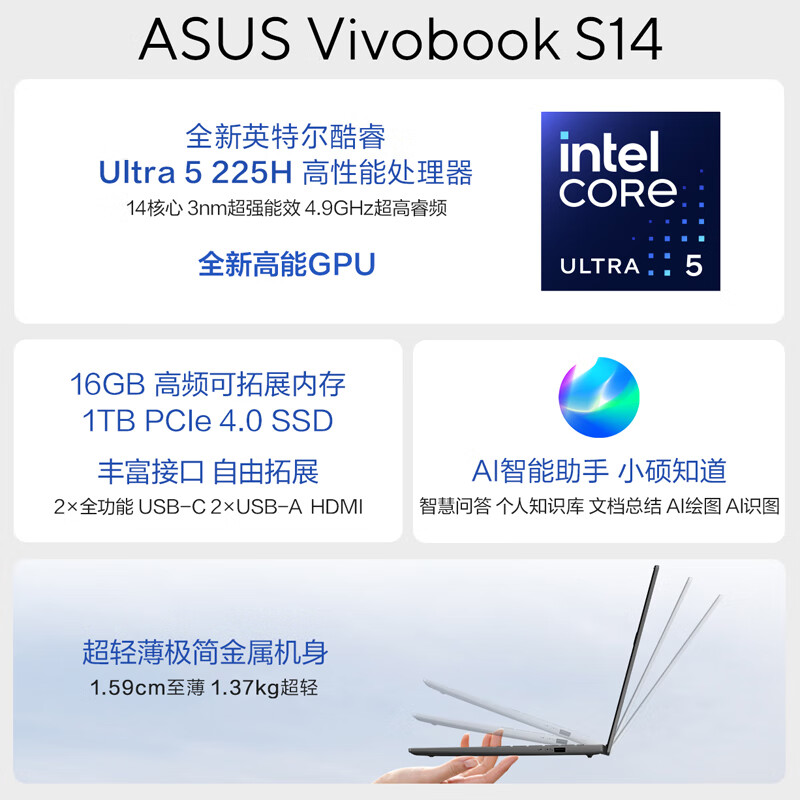 华硕Vivobook S 14酷睿版二代Ultra5 2.5K高性能商用AI轻薄笔记本电脑225H - 86线报
