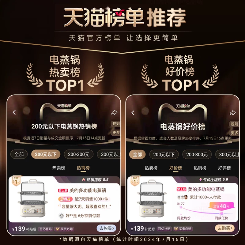 美的电蒸锅多功能家用三层蒸煮一体锅 69.1元 - 线报酷