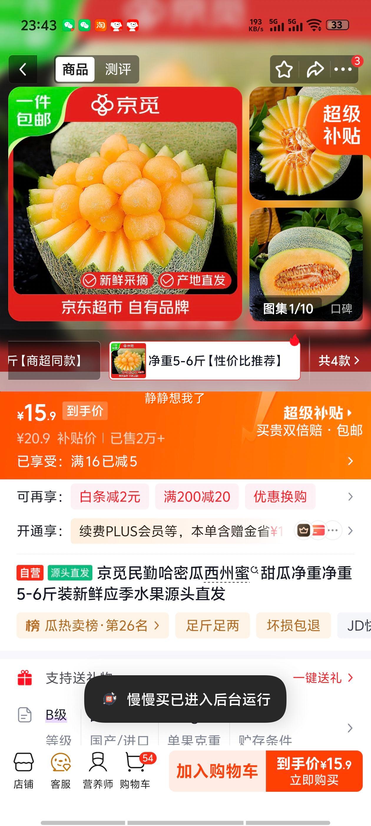 京觅民勤哈密瓜西州蜜甜瓜5-6斤装 15.9元 - 86线报