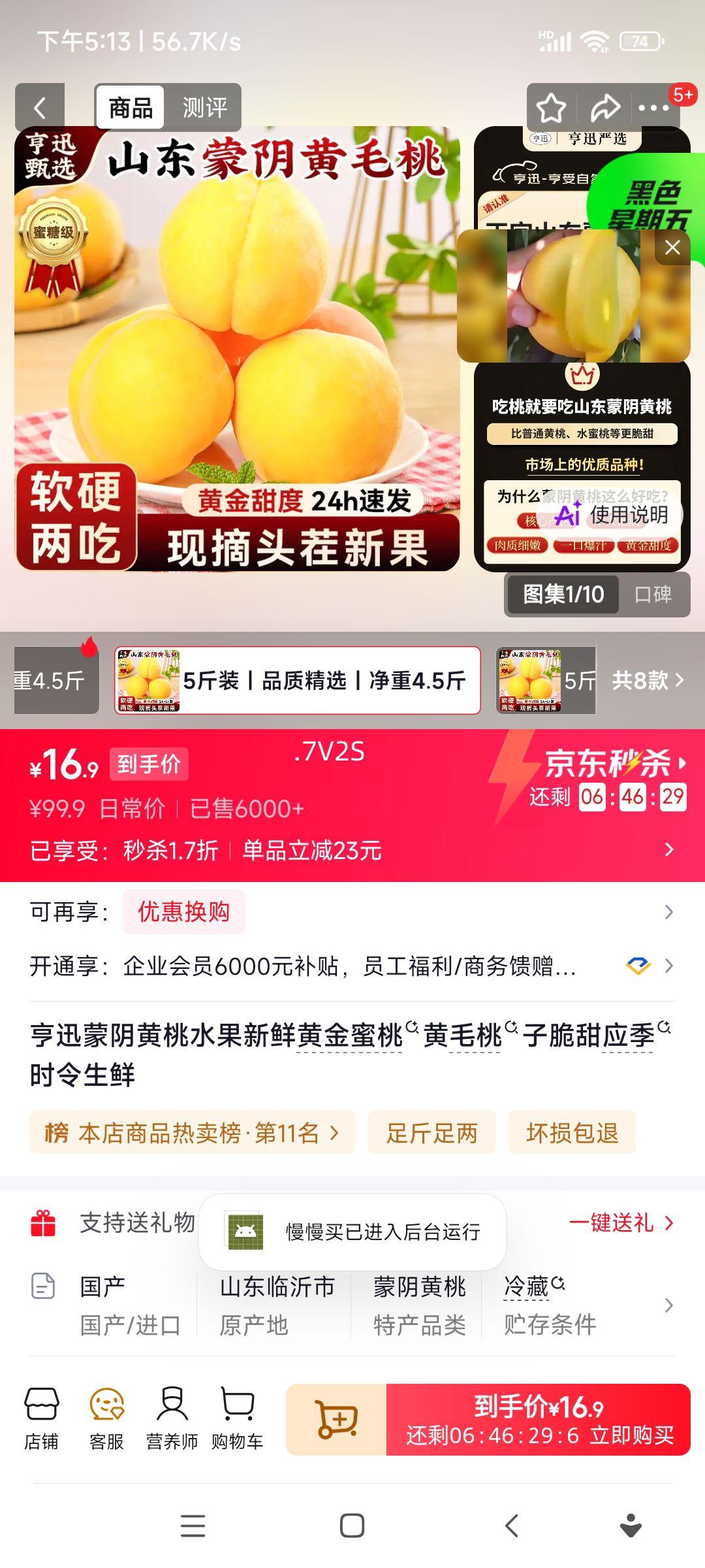 亨迅蒙阴黄桃5斤装脆甜应季水果 16.9元 - 86线报