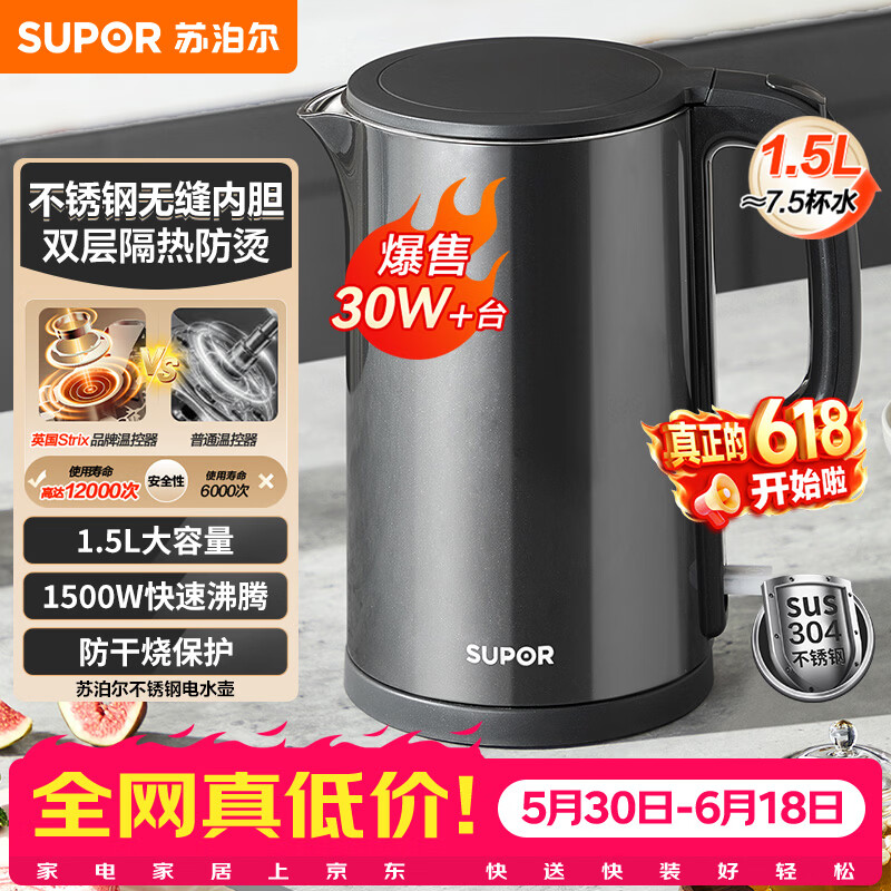 苏泊尔SW-15J626保温电水壶1.5L灰色 47.91元 - 86线报