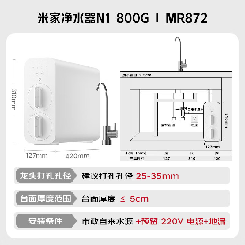 米家净水器N1MR872反渗透净水器800G 756.7元 - 86线报