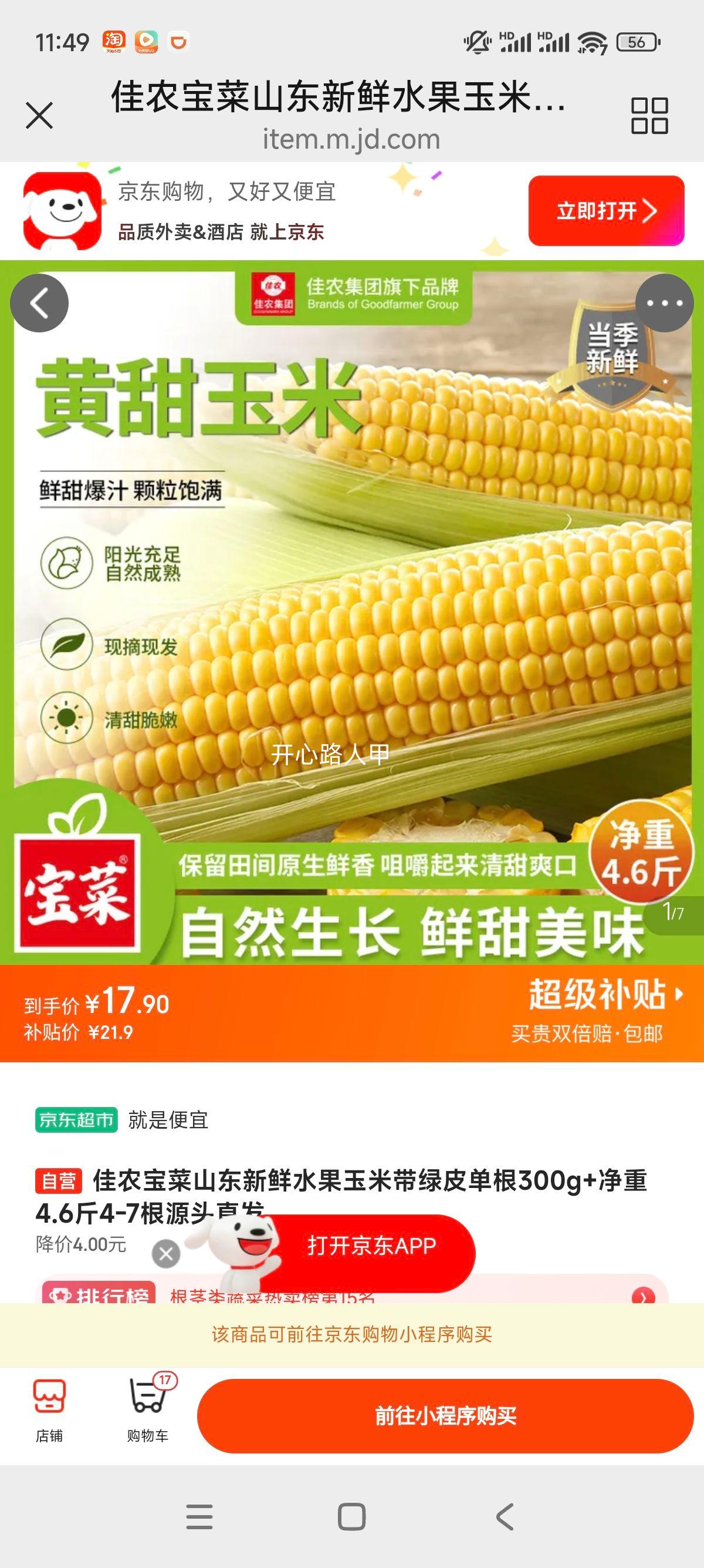佳农宝菜山东水果玉米带绿皮单根300g+净重4.6斤 17.9元 - 86线报