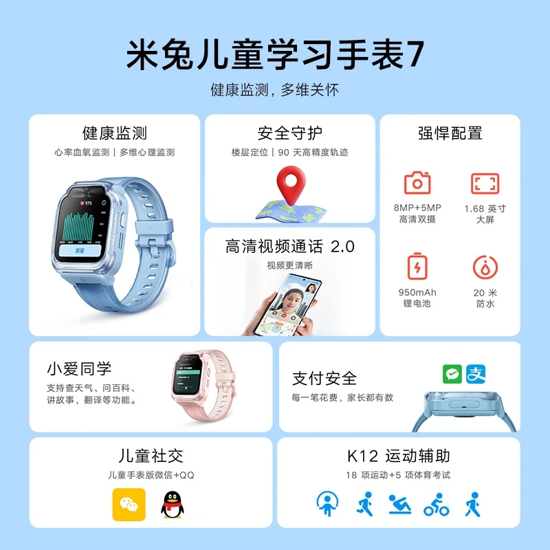 小米MI米兔儿童电话手表7蓝色健康监测高清双摄微信定位防水小学生初高中生男女孩智能运动手表 - 86线报