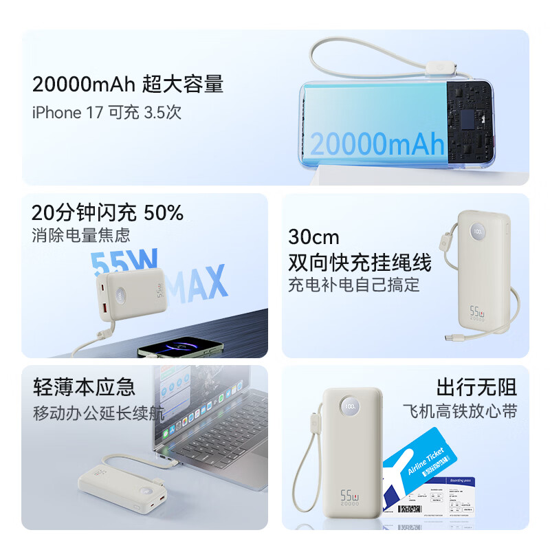 京东京造55W大功率移动电源自带线20000mAh灰色 99.89元 - 86线报