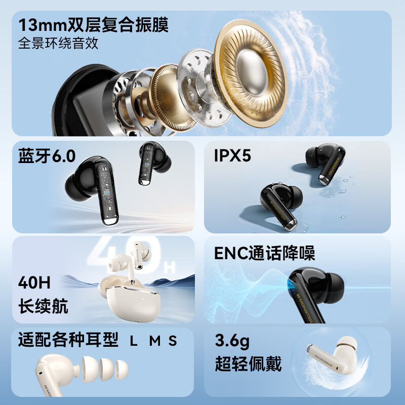 魔声N-Lite 350ENC降噪耳机40h续航+3.6g超清+ipx5防水 39元 - 86线报
