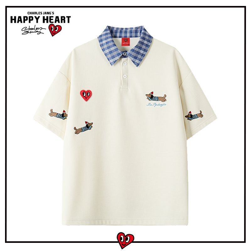 CHARLES JANG'S HAPPY HEART男士短袖POLO衫假两件宽松休闲情侣款 - 线报酷