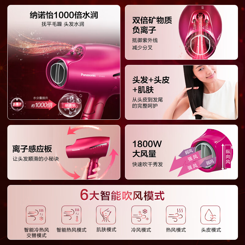 松下EH-NA9C电吹风纳诺怡负离子水负离子护发速干大风力恒温红色 - 线报酷