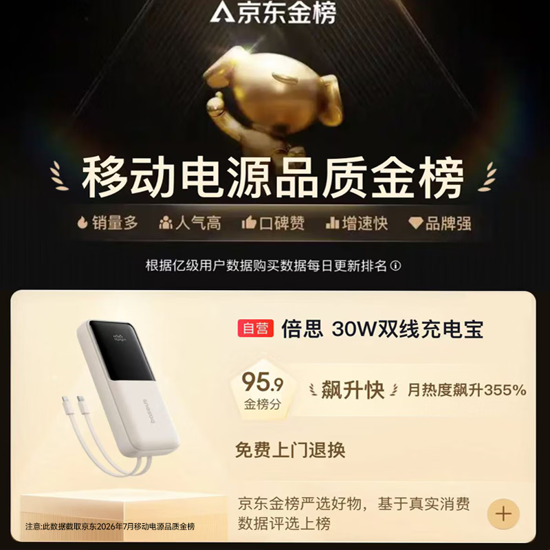 倍思20000mAh 30W快充自带线移动电源 87元 - 86线报