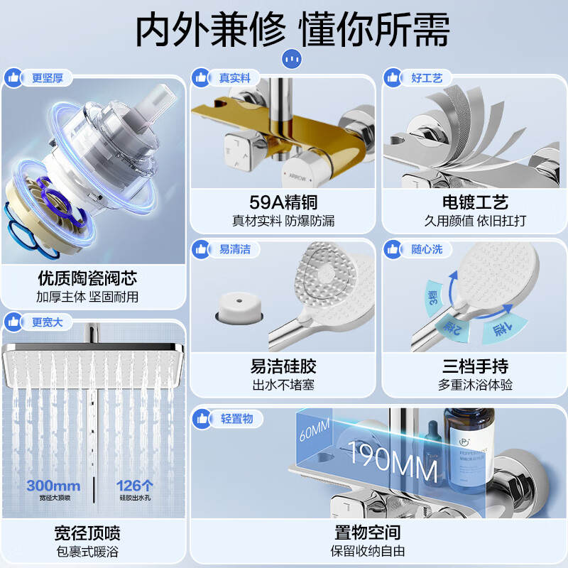 箭牌K100精铜淋浴花洒套装巨幕顶喷龙头增压喷枪四功能花洒淋浴器方顶雪松灰-34168SPG-P2 - 线报酷
