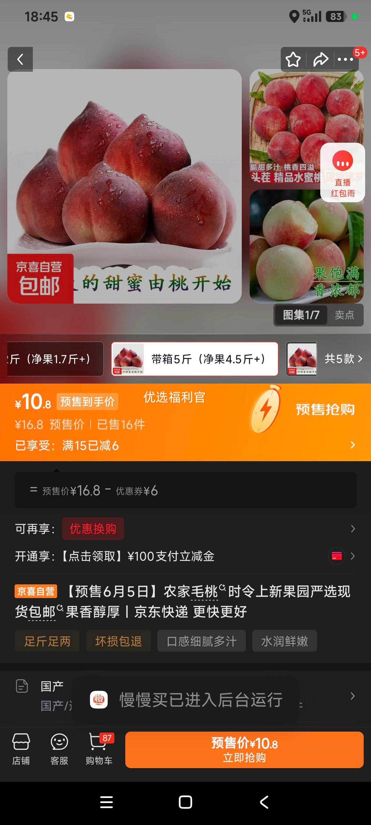 农家毛桃时令鲜果果香醇厚带箱5斤净果4.5斤+小果单果1两-2两 10.8元 - 86线报