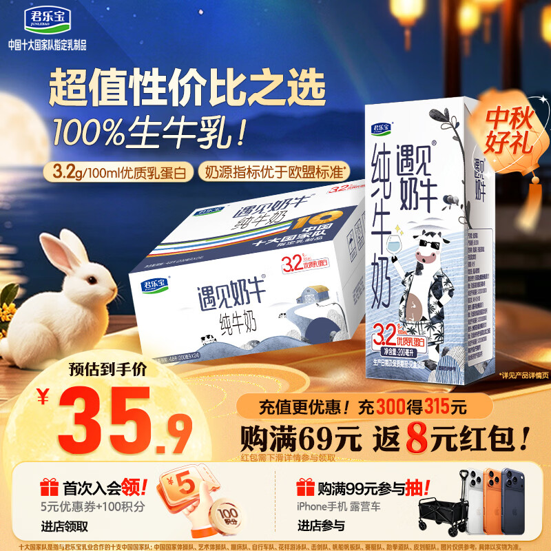 君乐宝遇见奶牛全脂纯牛奶200mL*24盒整箱量贩装 35.9元 - 86线报