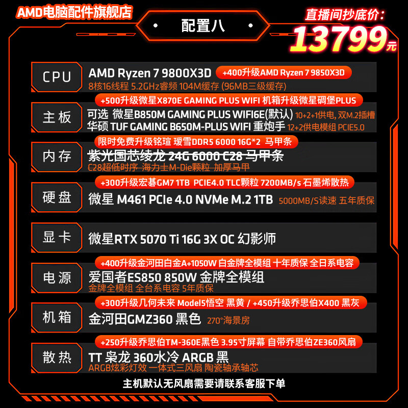 AMD 9800X3D+5070Ti+32G+1T 13799元 - 86线报