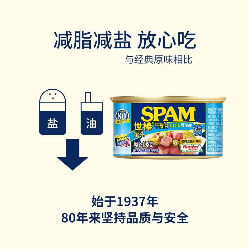 世棒午餐肉罐头清淡减盐口味198g*3罐 29.9元 - 86线报