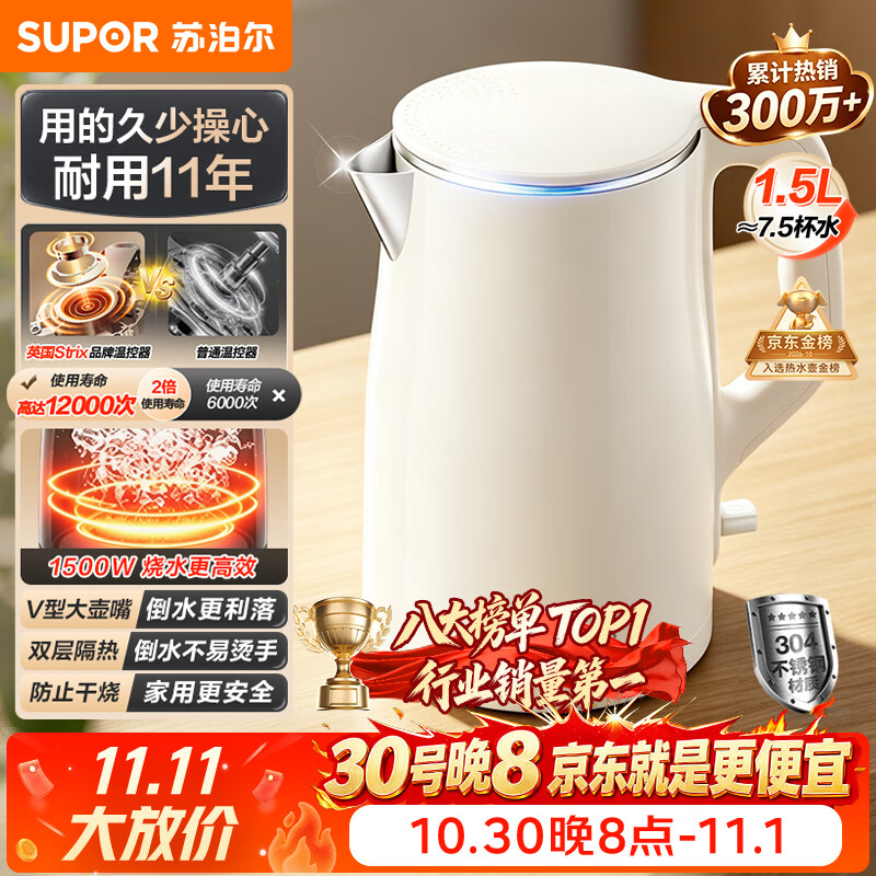 苏泊尔SW-17J系列双层防烫电水壶1.5L 49.05元 - 86线报