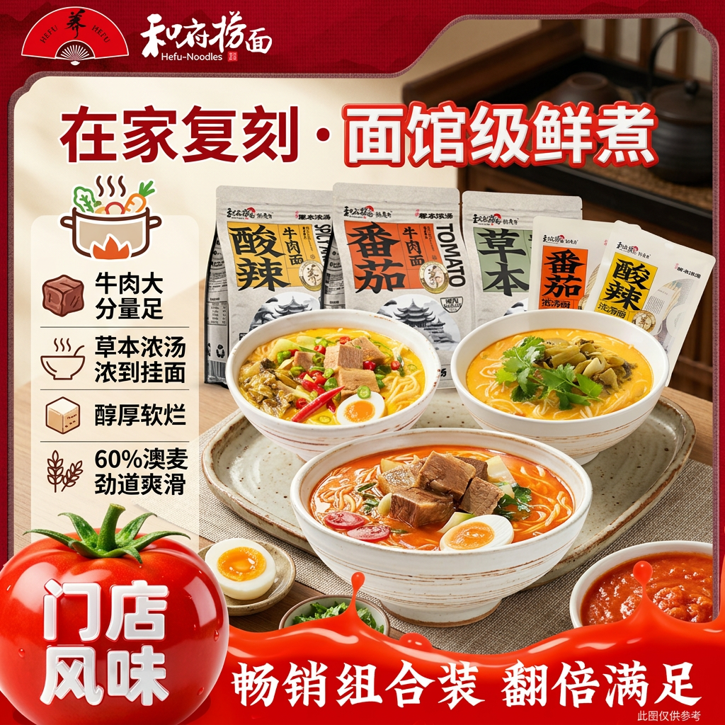 和府捞面浓汤鲜煮牛肉面4袋组合装番茄浓汤面*2+草本牛肉面*2 14.9元 - 86线报