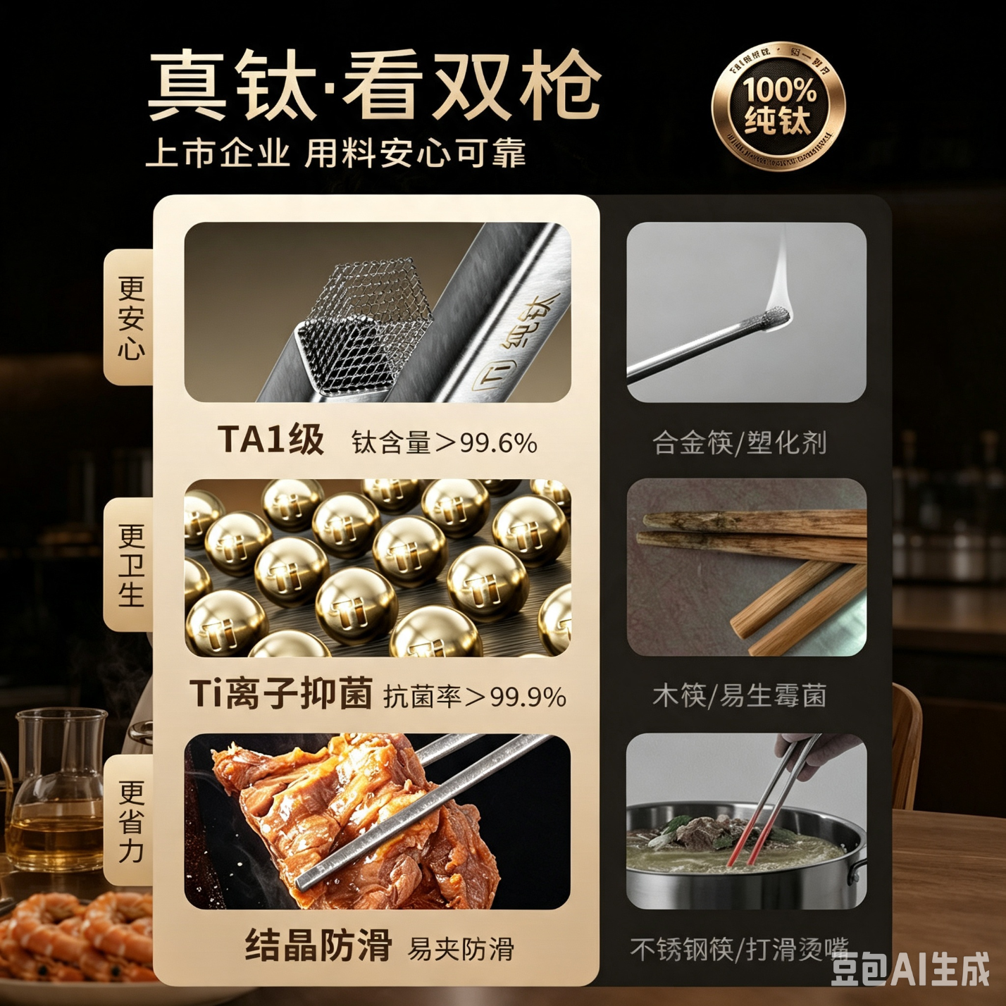 双枪100%纯钛筷冰晶钛纹5双装方筷一体成型无涂层 39.5元 - 86线报