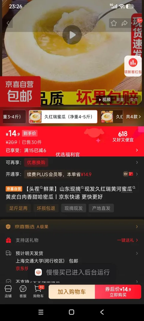 山东久红瑞黄河蜜瓜 黄皮白肉 香甜哈密瓜 净重4-5斤 14.9元 图片 1
