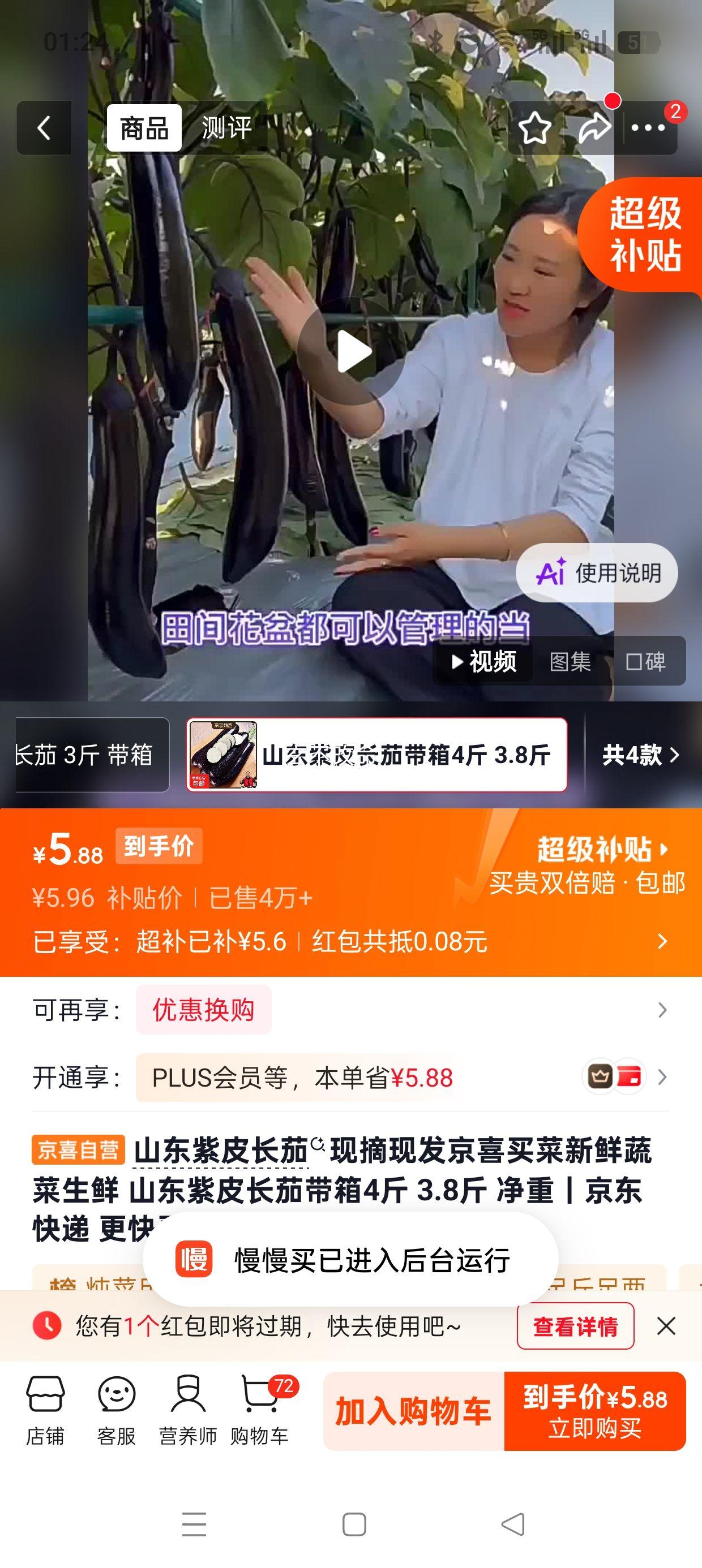 山东紫皮长茄新鲜蔬菜4斤装净重3.8斤 5.96元 - 86线报