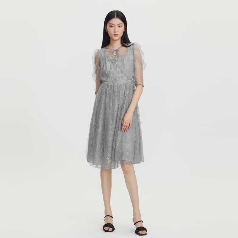 S.DEER女装网纱收腰泡泡袖披肩两件连衣裙S232Z1263蓝灰/04 144.9元 - 86线报