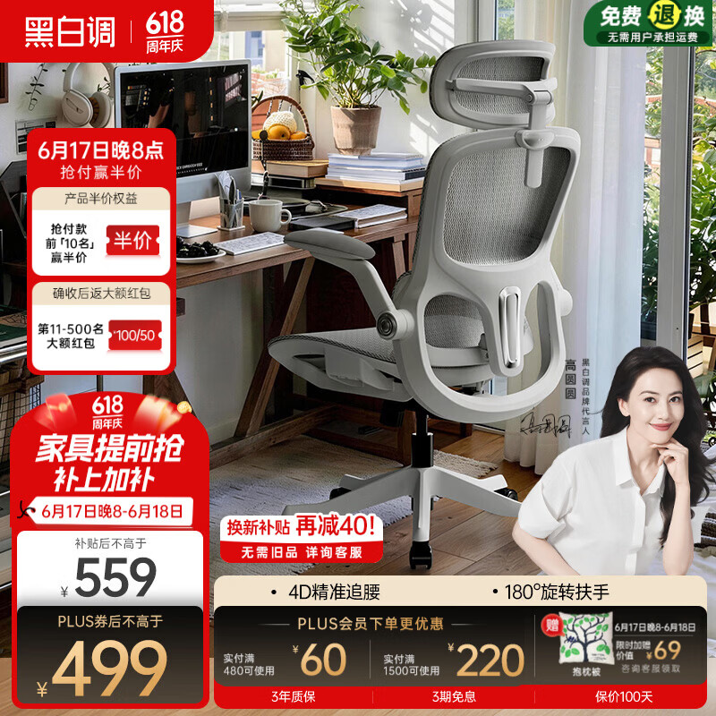 黑白调P2Pro人体工学椅霜白标配款 499元 - 美泡泡