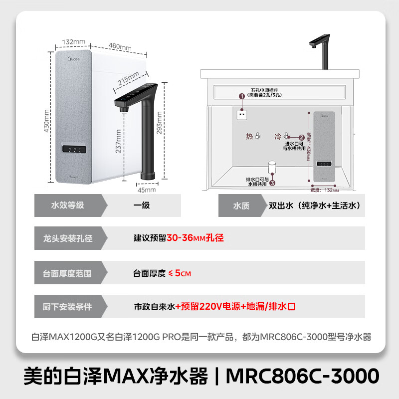 美的 白泽系列 MRO806-3000 反渗透纯水机 1200G 山脉灰 - 线报酷 美的 白泽系列 MRO806-3000 反渗透纯水机 1200G 山脉灰 - 线报酷