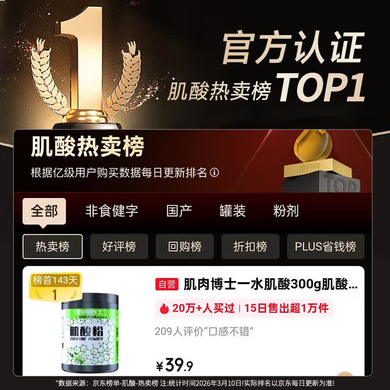 肌肉博士一水肌酸纯度99.99%原味300g营养粉 39.9元 - 86线报
