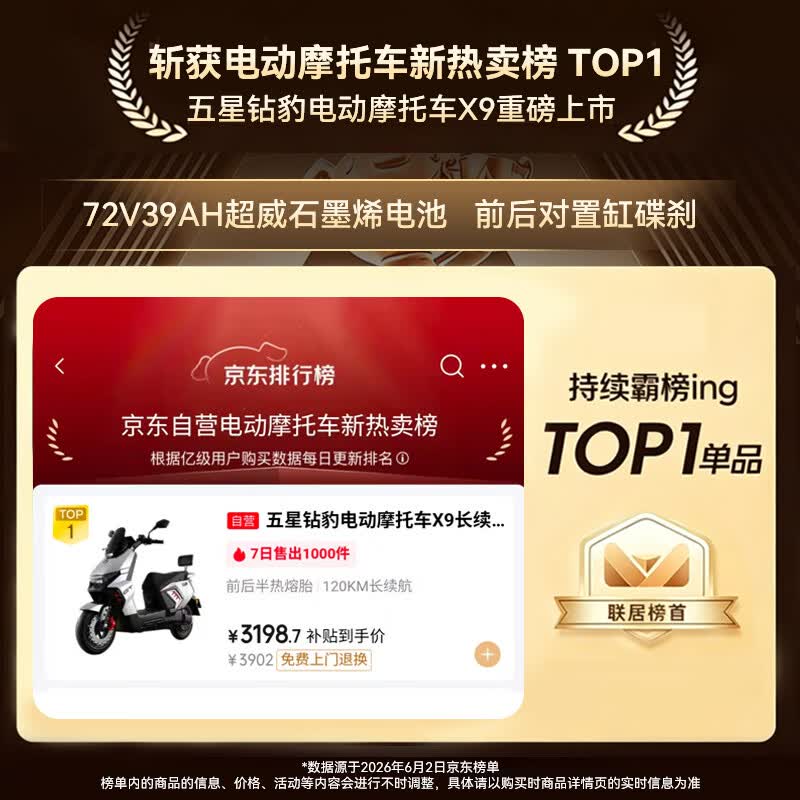 五星钻豹大功率电动摩托车石墨烯电池39Ah72V 2999元 - 折送网