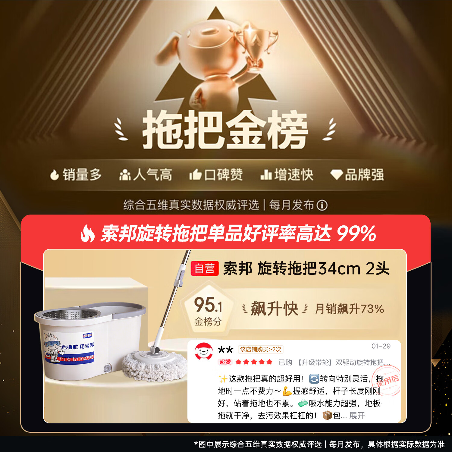 索邦 旋转拖把34cm2头家用一拖净免手洗双驱动拖地拖布吸水墩布桶套装 - 86线报