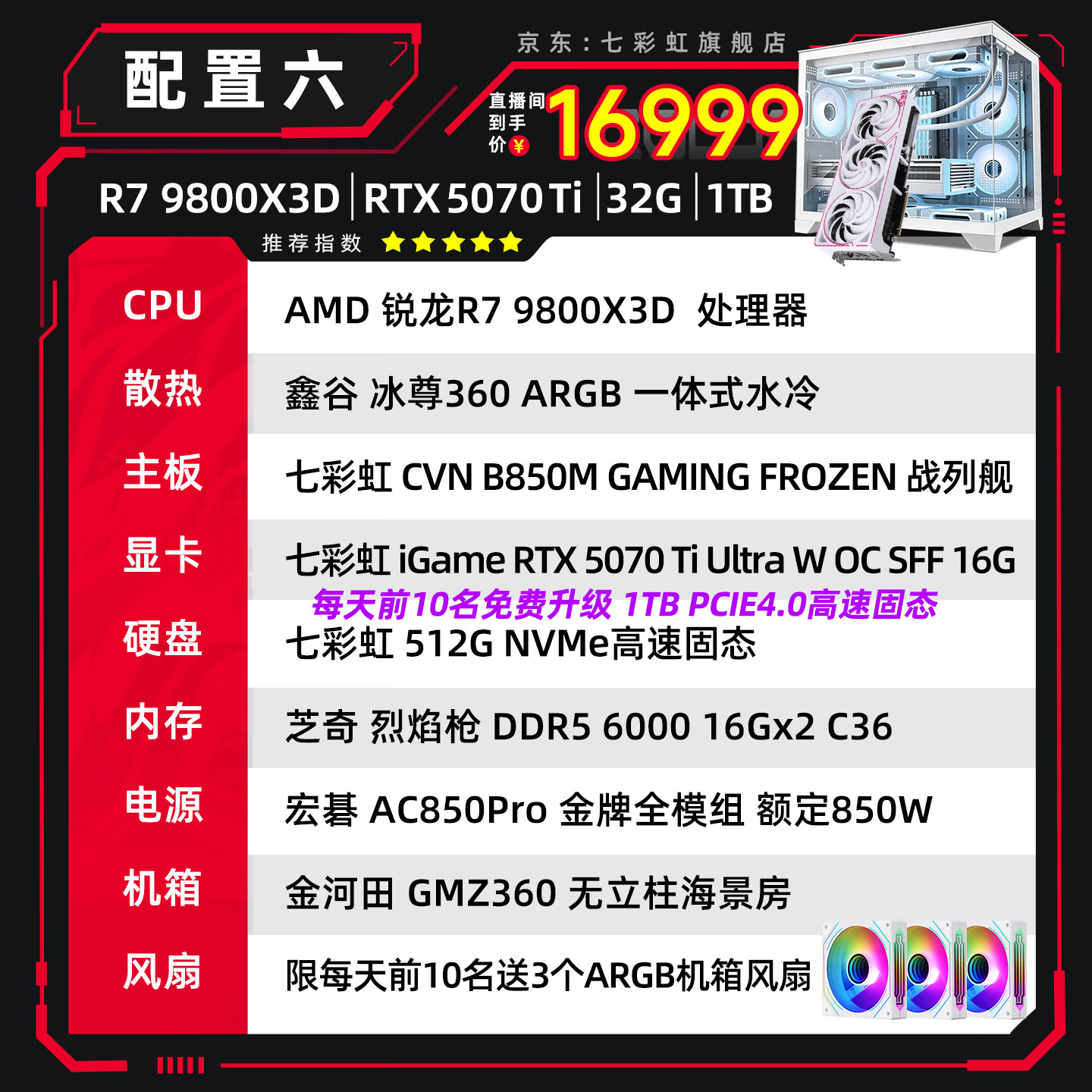 七彩虹9800X3D RTX 5080+16GB 16989元 - 86线报