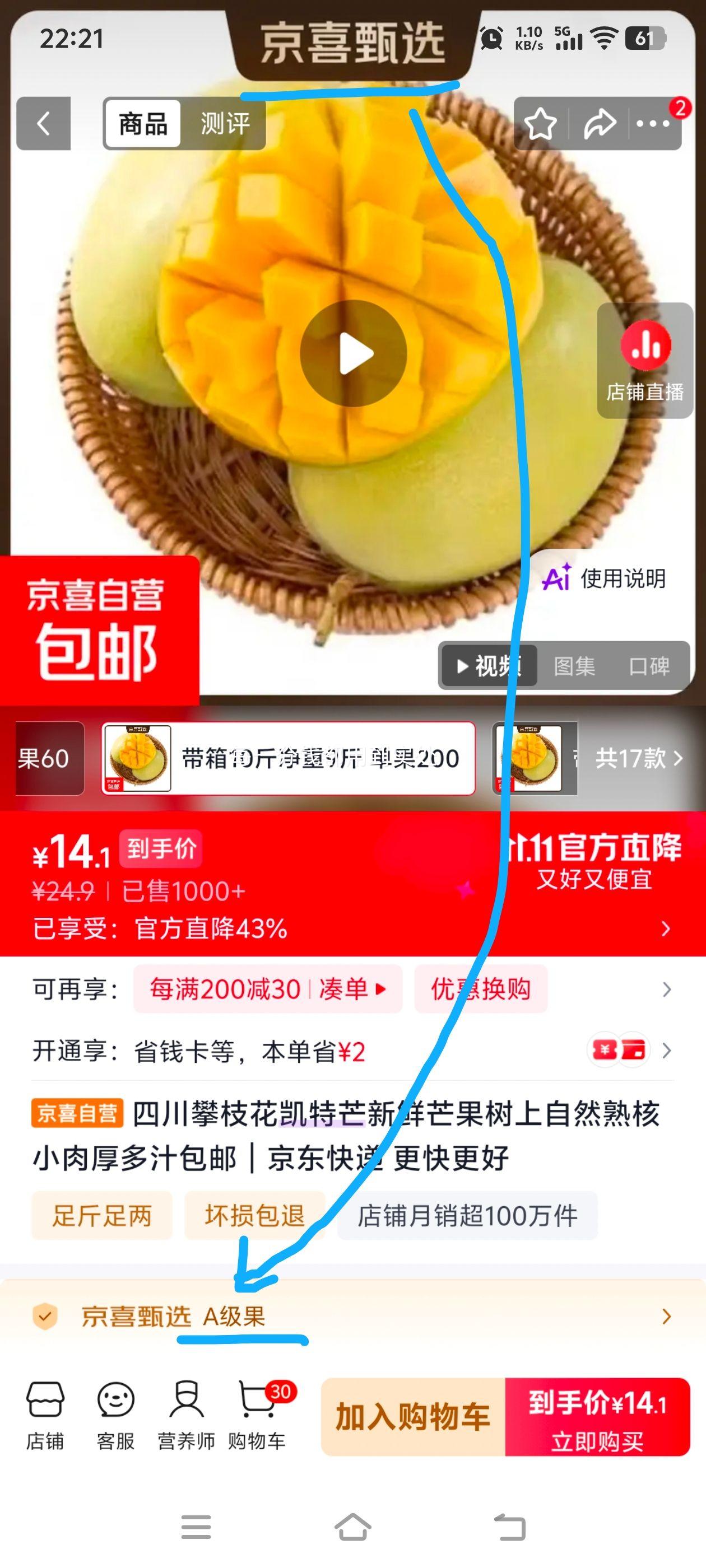 攀枝花凯特芒果10斤装 单果200g+ 14.1元 - 86线报