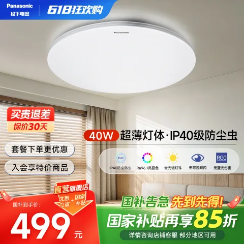 国家补贴：Panasonic led全光谱护眼吸顶灯松白客厅灯防虫现代简约儿童房卧室灯具套餐 40W-松白卧室灯 499元 图片 2