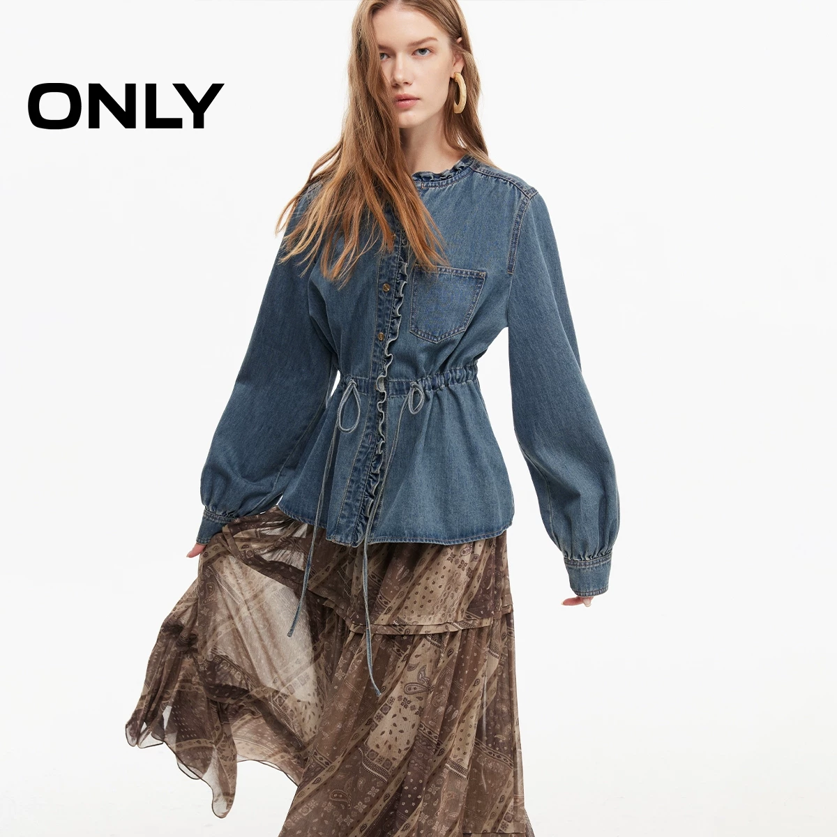 ONLY荷叶边牛仔衬衫圆领腰带秋季新款女 251.2元 - 86线报