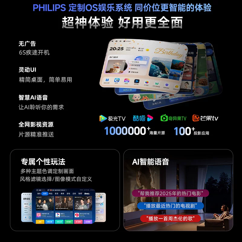 飞利浦天眼云台自动对焦超高清智能便携投影机 1149元 - 线报酷