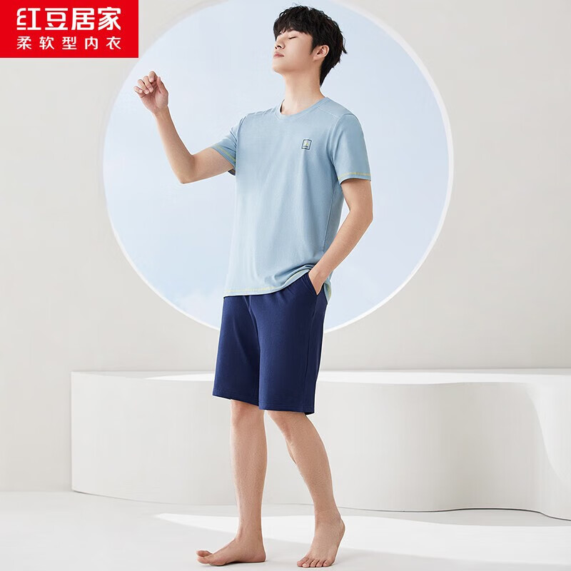 红豆男装夏季100%纯棉透气家居服套装2件短袖+短裤男女同款 34.8元 - 86线报