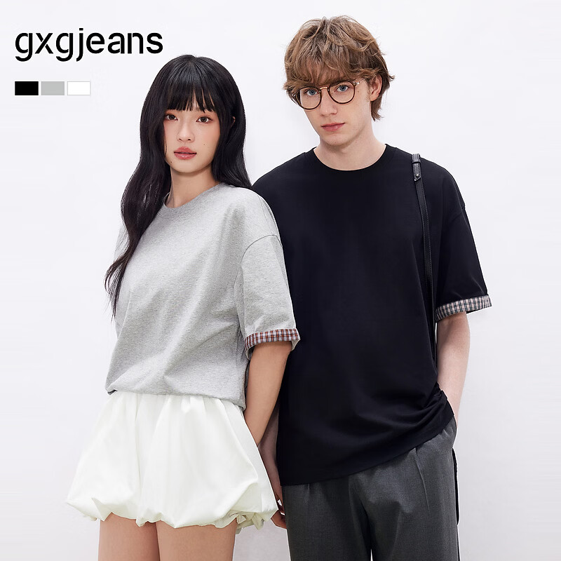 gxgjeans 26夏新品美式格纹袖口拼接宽松圆领短袖T恤灰色 59元 - 86线报 gxgjeans 26夏新品美式格纹袖口拼接宽松圆领短袖T恤灰色 59元 - 86线报