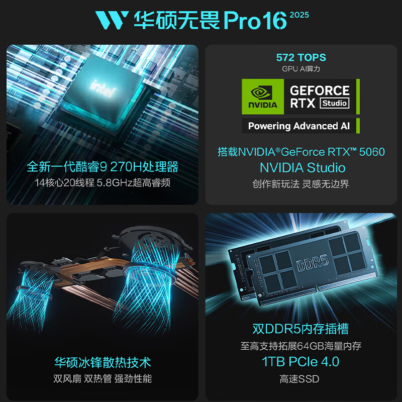 华硕无畏Pro16酷睿版Core9 270H RTX5060 16GB 1TB 9252.51元 - 86线报