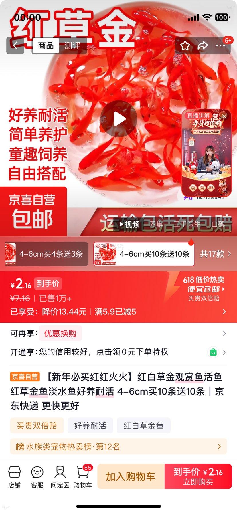红白草金观赏鱼淡水鱼4-6cm买10条送10条 2.19元 - 86线报