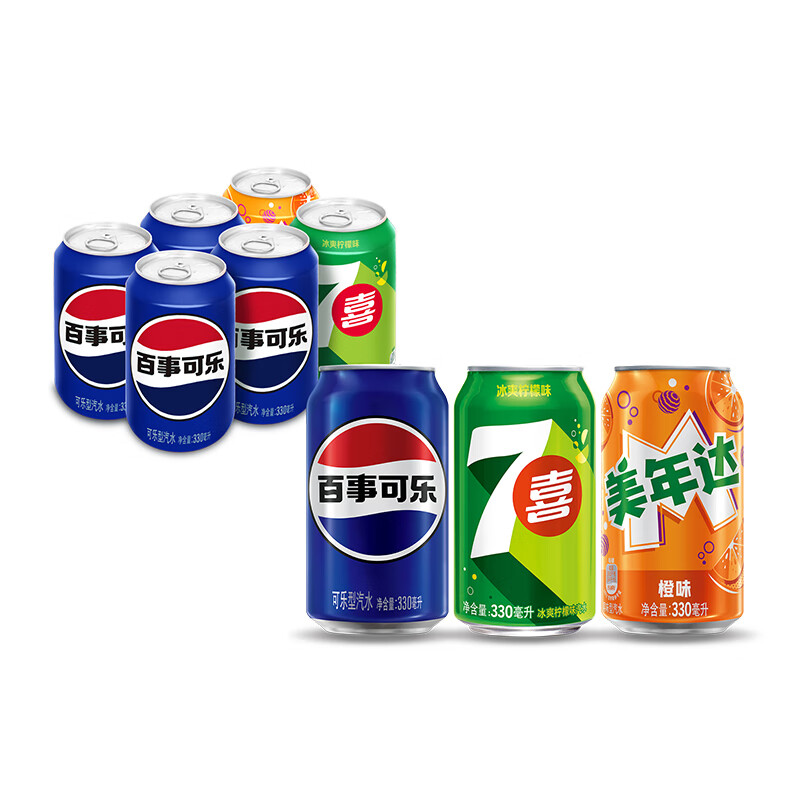 百事可乐330ml*4+7喜330ml*1+美年达330ml*1百七美组合装 8.9元 - 86线报